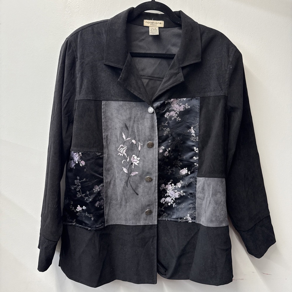 Vintage Notations Woman Floral Jacquard Patchwork Embroidered Jacket Shirt 1X